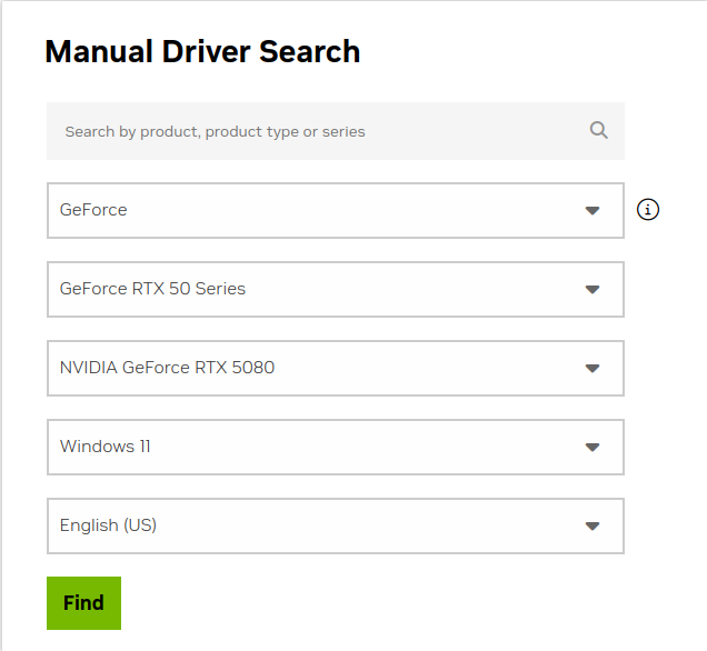 NVIDIA Manual Driver Search filled out for example