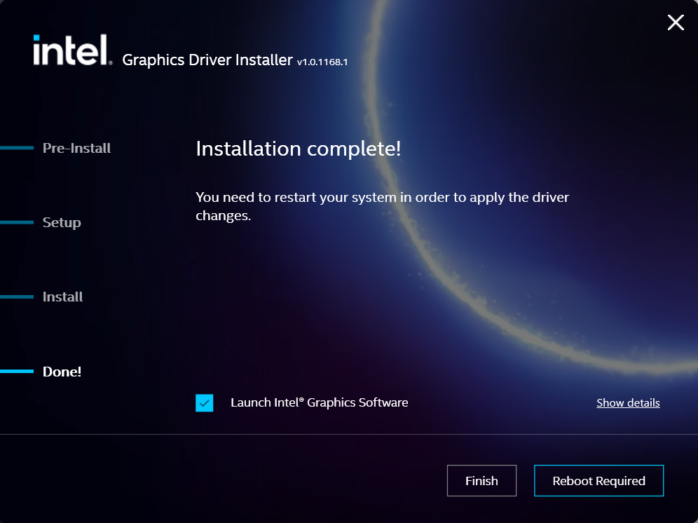 Intel graphics drivers installation complete