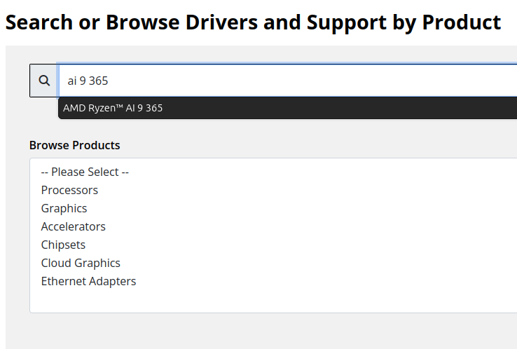 AMD driver search for ai 9 365 processor