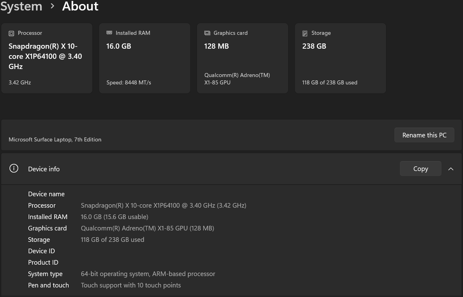 windows 11 settings system about cpu gpu model page