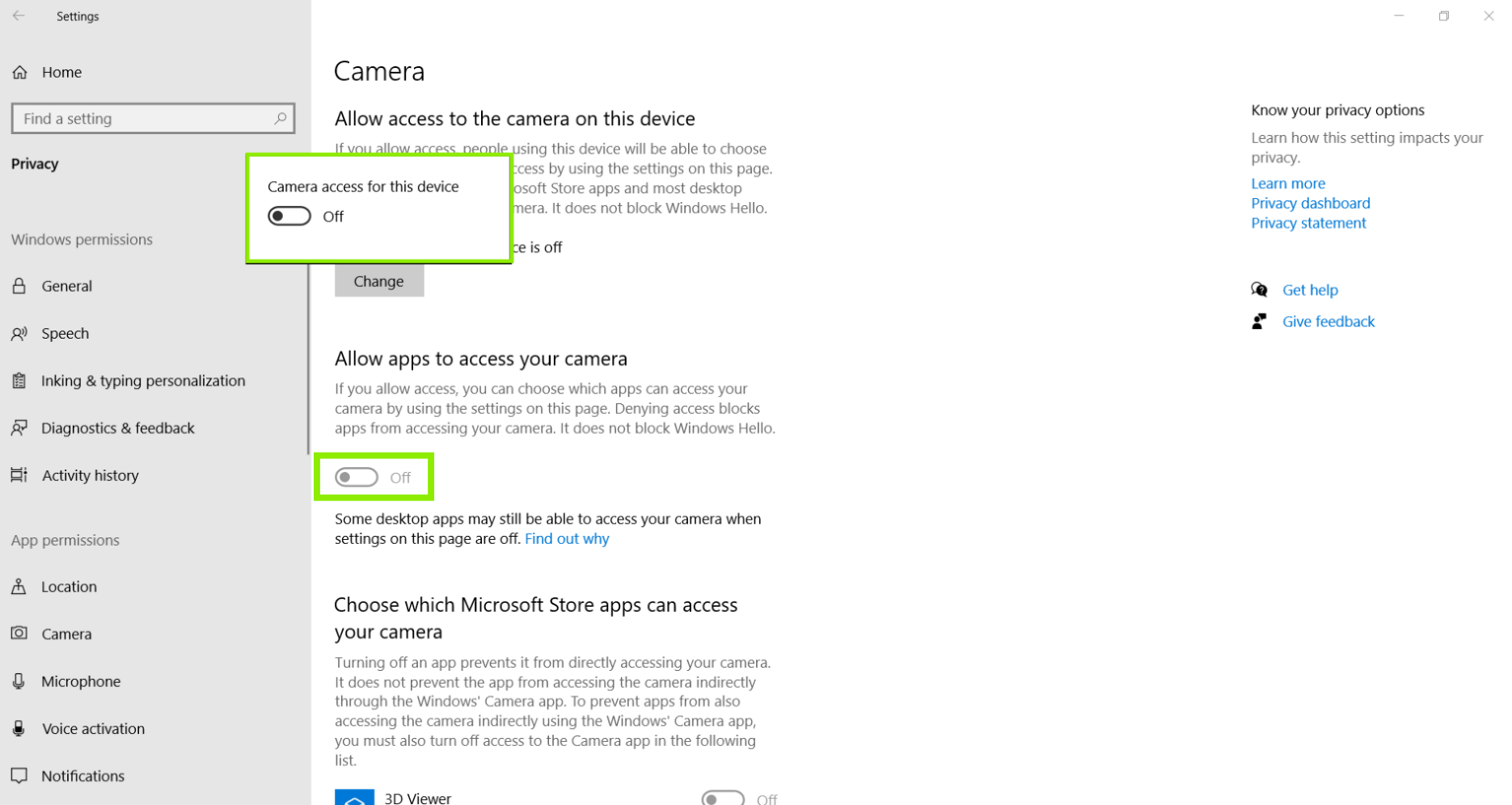 Windows Camera Privacy Settings