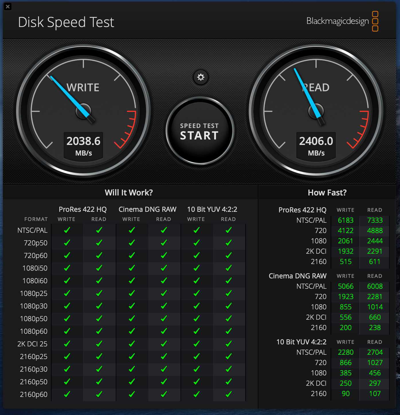 Screenshot of Blackmagicdesign storage benchmark tool