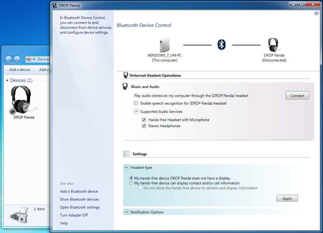 Configuring Bluetooth device options in Windows 7