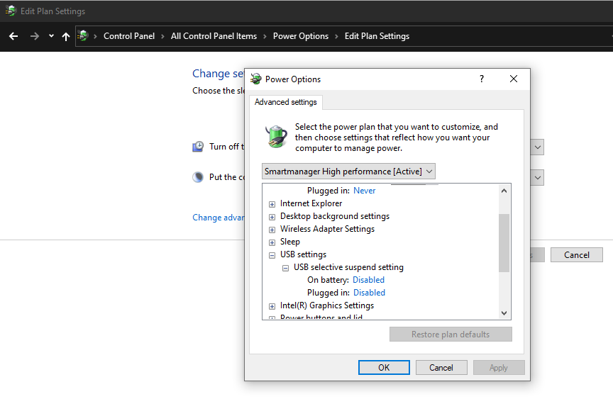 Power options for USB selective suspend