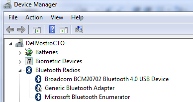 Device manager window showing Bluetooth adapters