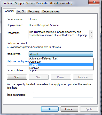 Bluetooth Support Service settings