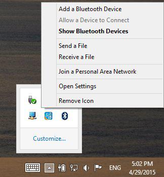 Options available through the Bluetooth icon in the system tray