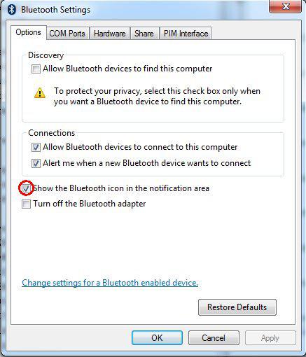 Options available through the Bluetooth icon in the system tray