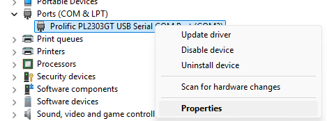 Device Manager Ports COM and LPT section context menu