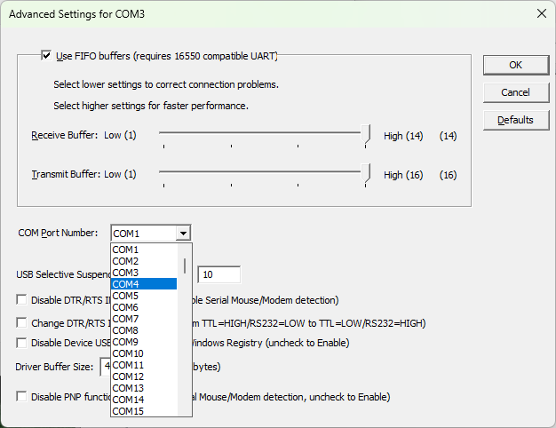 Select COM port number from the drop down menu