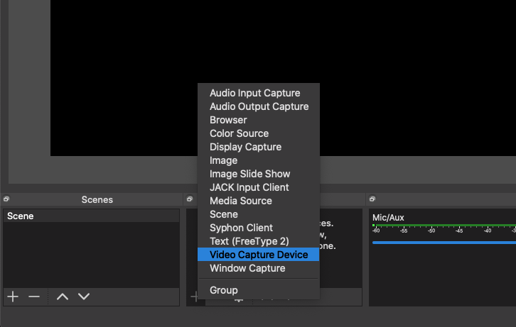 Add video capture device source in OBS