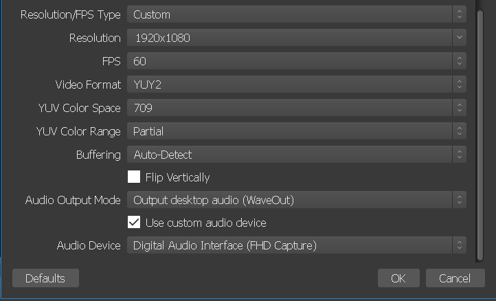 OBS video capture device properties
