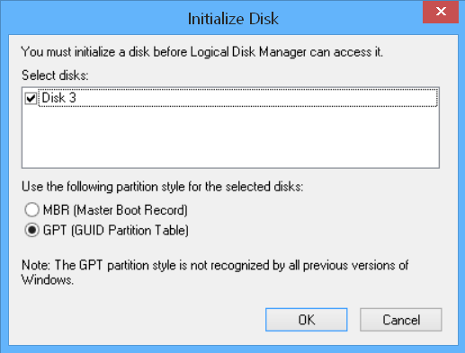 Windows Initialize Disk popup