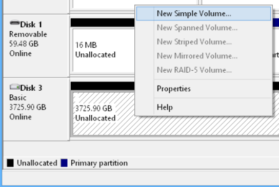 Windows Disk Management - right-click new simple volume