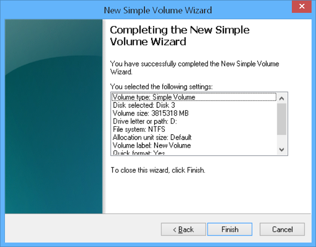 Windows New Simple Volume Wizard - Summary