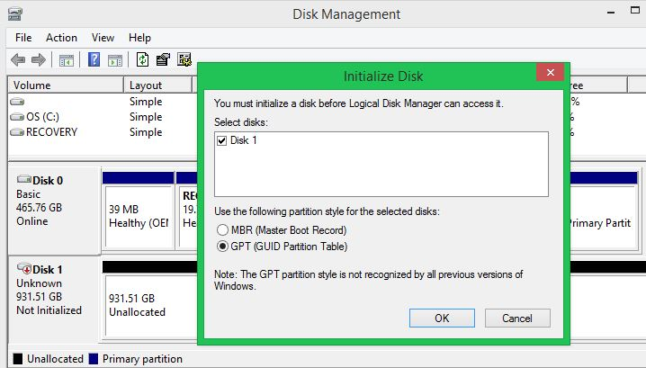 Windows Disk Management - Initialize Disk
