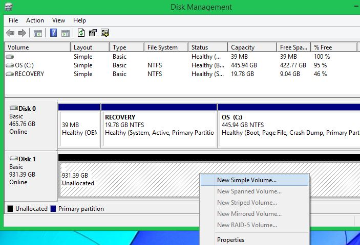 Windows Disk Management - right-click New Simple Volume