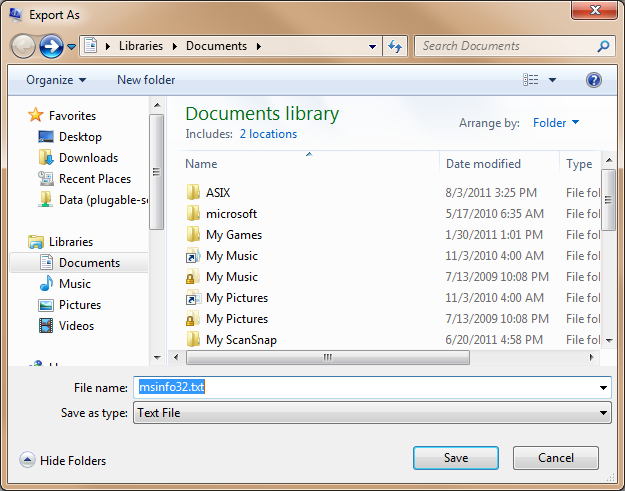 Windows 7 System Information File Export As window