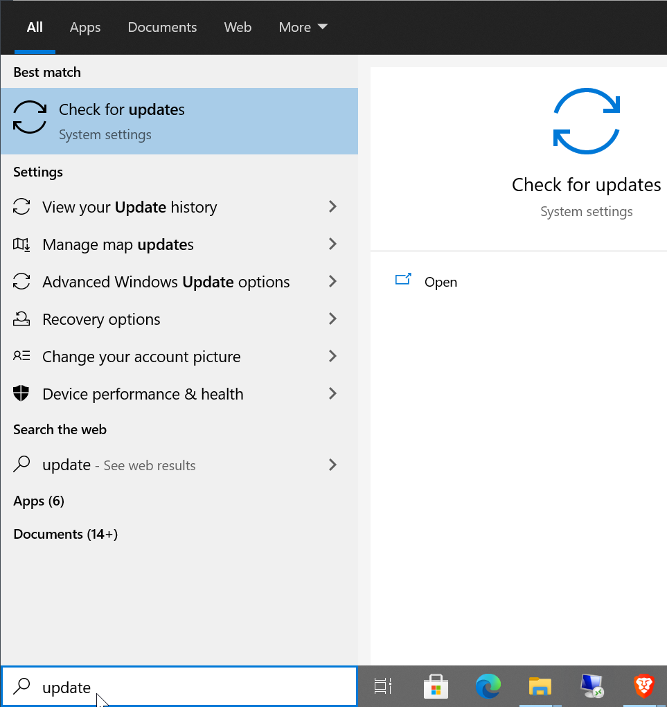Search the Start menu for the check for updates option