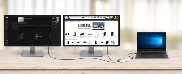 The Plugable TBT3-HDMI2X-83 connected to two monitors