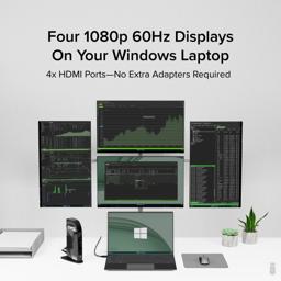 Thumbnail of A single Windows laptop connected to four 1080P displays using the UD-3900C4 docking station.