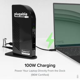 Thumbnail of The UD-3500C4 docking station providing 100 watts of charging power to a laptop.