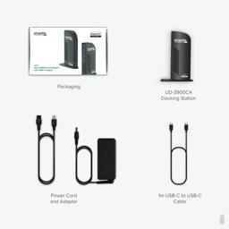 Thumbnail of Packaging includes UD-3900C4 docking station, power cord, power adapter, and 1 meter USB-C to USB-C cable.