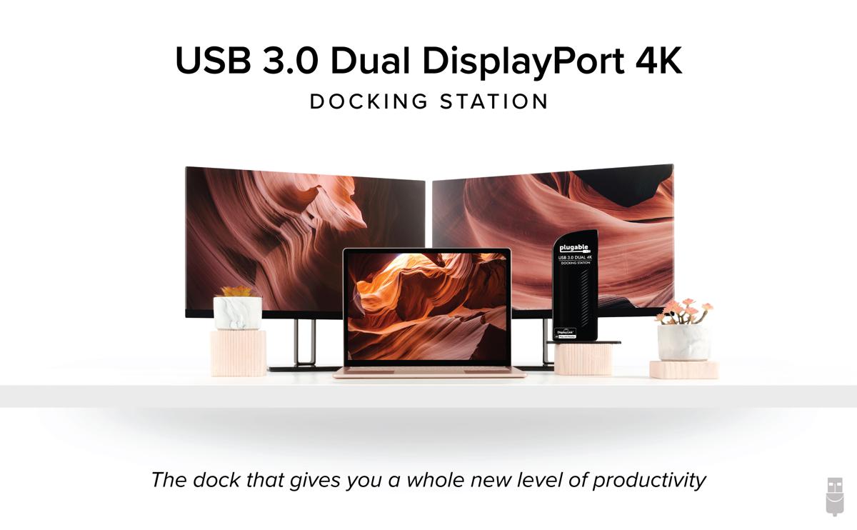 Lifestyle of UD-6950 with laptop and two monitors and text 'USB 3.0 Dual DisplayPort 4K Docking Station' and 'The dock that gives you a whole new level of productivity'