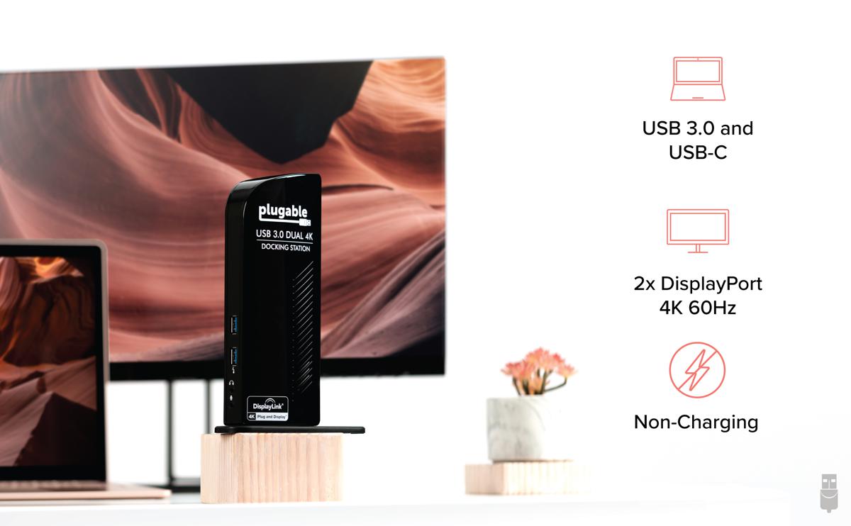 Lifestyle: UD-6950 docking station with text 'USB 3.0 and USB-C', '2x DisplayPort 4k 60Hz', and 'Non-Charging'