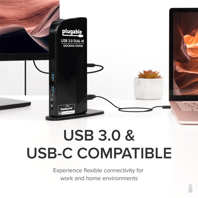 UD-6950 docking station connected to laptop and display with text 'USB 3.0 & USB-C Compatible: Experience flexible connectivity for work and home environments'