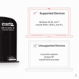 Thumbnail of UD-6950 side view with infographic 'Supported Devices: Windows 10, 8.1, and 7' and 'Unsupported Devices: Linux/Unix systems, Surface RT, MacOS'