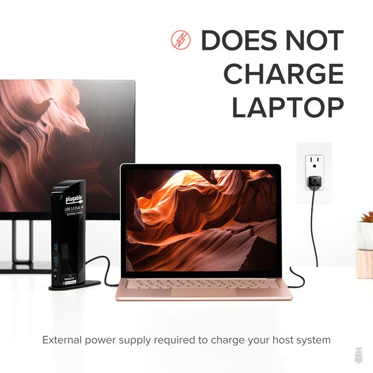 UD-6950 connected to computer with computer's power supply also connected and text 'Does not charge: External power supply required to charge your laptop'