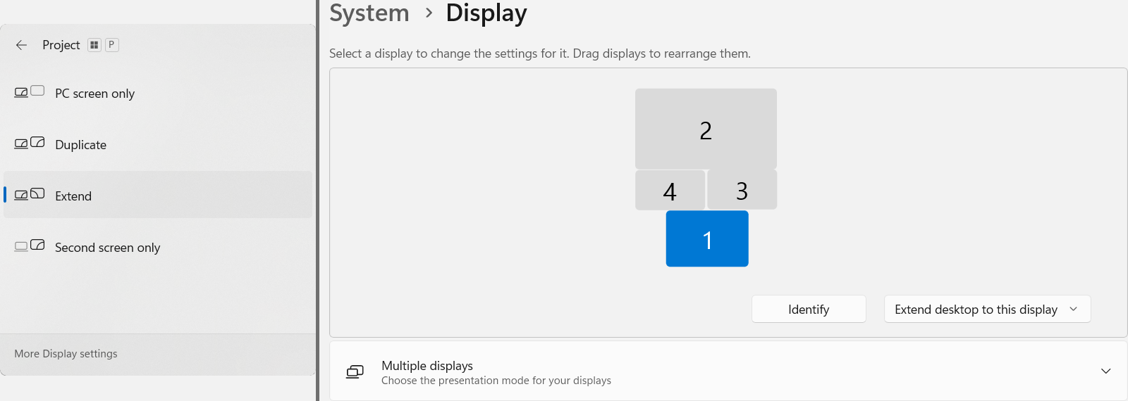 Side-by-side screenshots of the Windows Project Menu and Display Settings