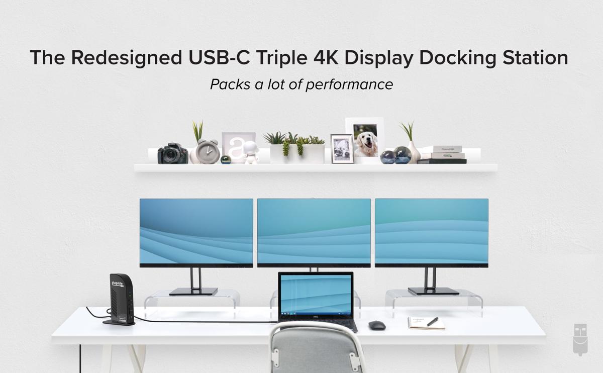 USB-C 4K Triple Display Dock connected to a laptop and three monitors