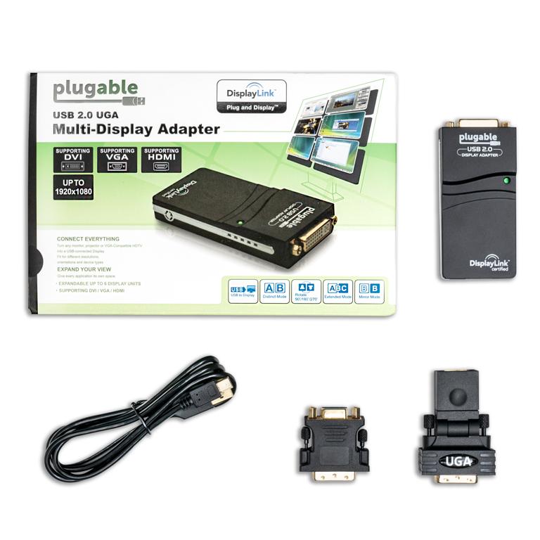 Image of the product packaging and the included USB cables and adapters for the Plugable UGA-165