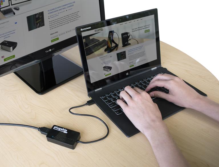 Image of the Plugable 2K HDMI Adapter in Use with a Lenovo laptop