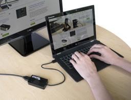 Thumbnail of Image of the Plugable 2K HDMI Adapter in Use with a Lenovo laptop