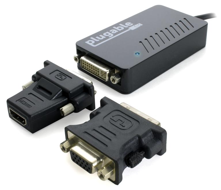 Image of the Plugable UGA-3000 with its two included passive adapters for HDMI and VGA compatibility