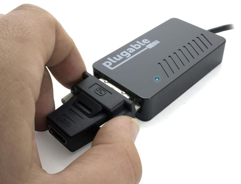 Image of the UGA-3000 being attached to the passive DVI-to-HDMI adapter
