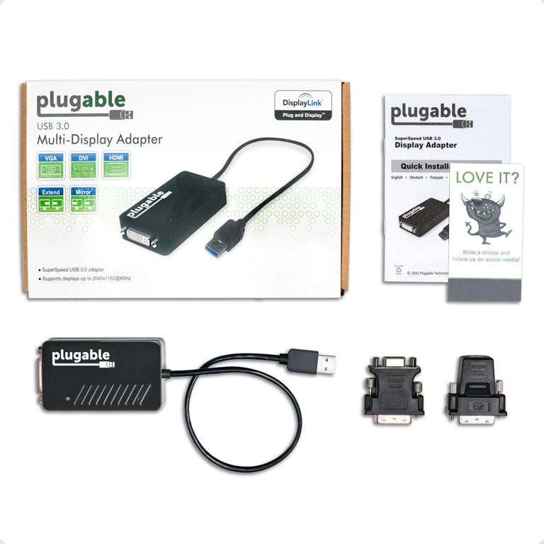 Image of the package, including the Plugable Graphics Adapter, two passive adapters, and a Quick Start Guide