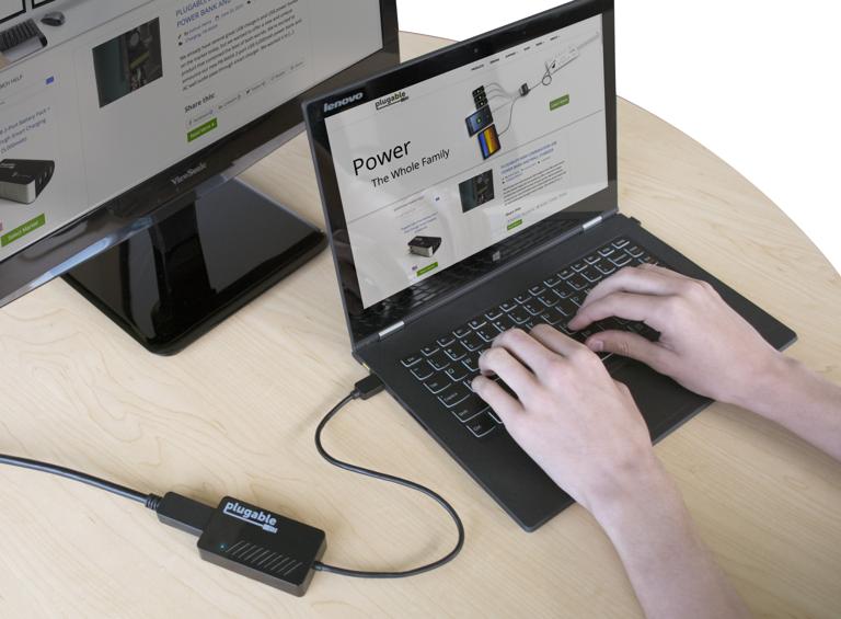 Image of the Plugable Graphics Adapter in use with a DisplayPort monitor