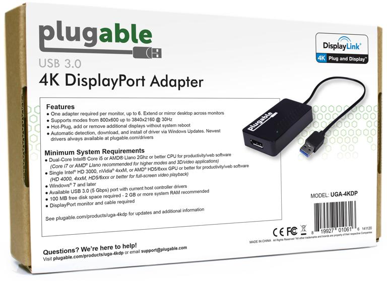 Image of the back of the Plugable Graphics Adapter packaging with product features and system requirements
