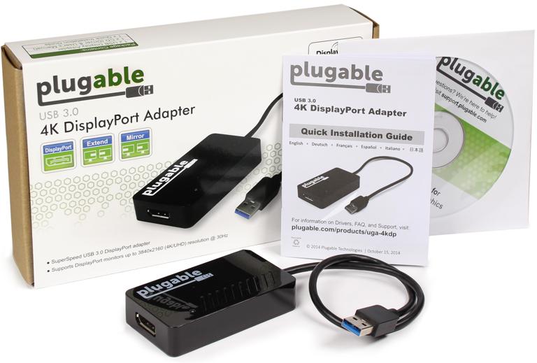 Image of all items in the product package, including the Plugable Graphics Adapter, a driver installation CD, and a Quick Start Guide