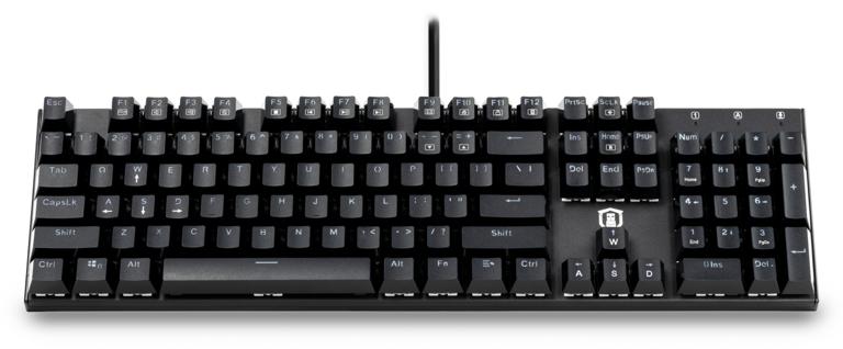 The Plugable 104-key mechanical keyboard with blue-style switches