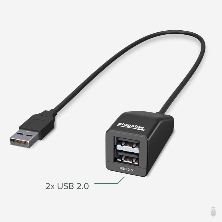 In-use image of the Plugable USB 2.0 2-port hub/splitter