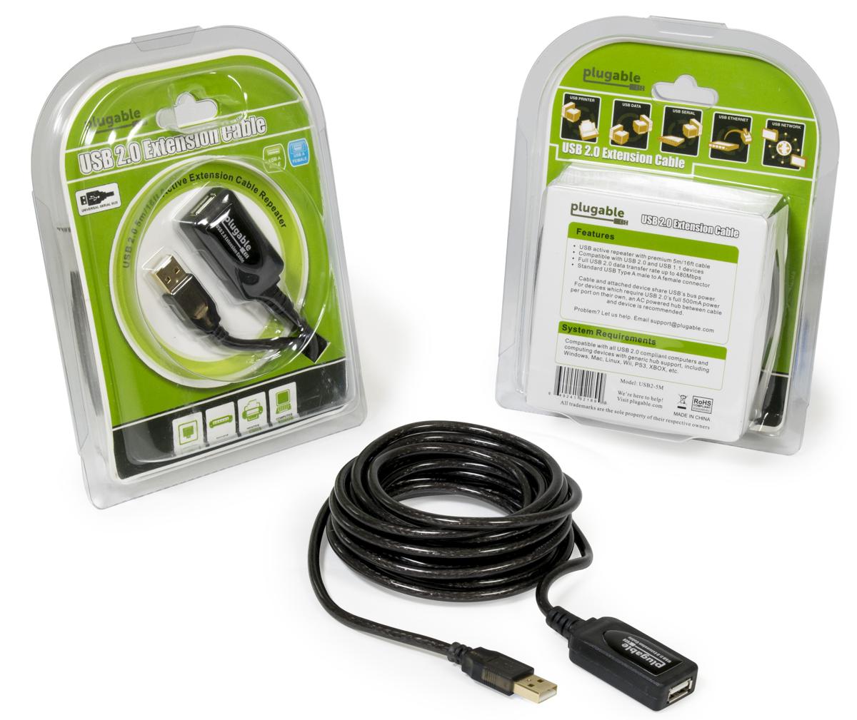 Display of the Plugable USB 2.0 5 meter extension cable and packaging
