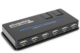 Thumbnail of Image of the Plugable 10-port hub with its two back charging ports flipped down
