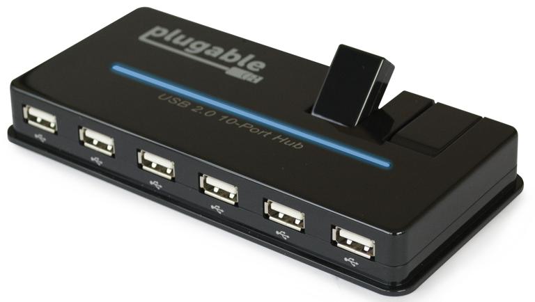 The Plugable USB 2.0 10-port hub with 20W power adapter