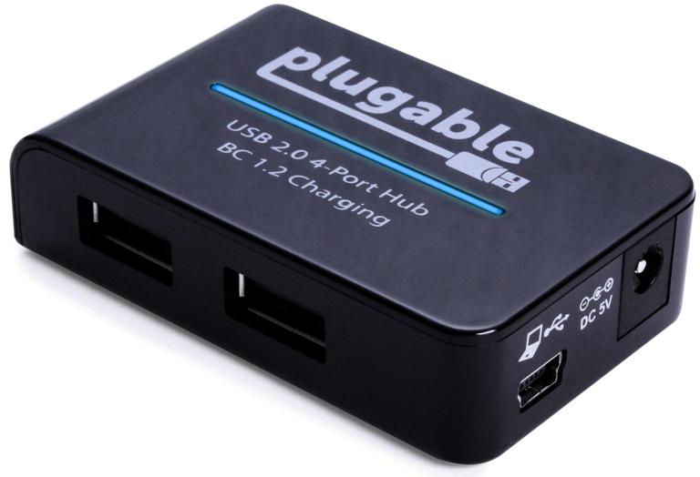 The Plugable USB 2.0 4-port hub with 12.5W power adapter