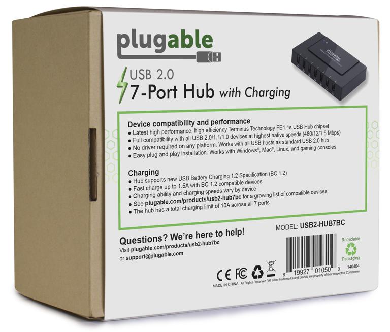 Back Packaging of the USB 2.0 7-Port Hub with 60W Power Adapter